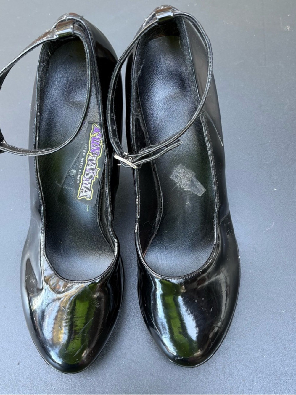 Vintage Demonia Black Patent Round-Toe Mary Jane Heels with Ankle Strap.